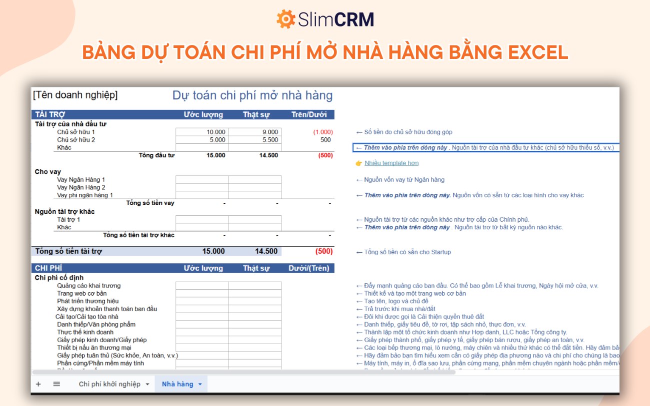 Bảng dự toán chi phí mở nhà hàng bằng excel
