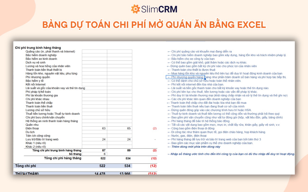 file excel bảng dự toán chi phí mở quán ăn