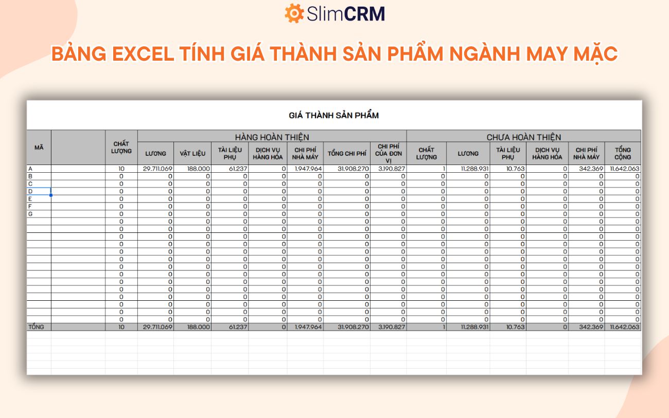 Bảng Excel tính giá thành sản phẩm ngành may mặc