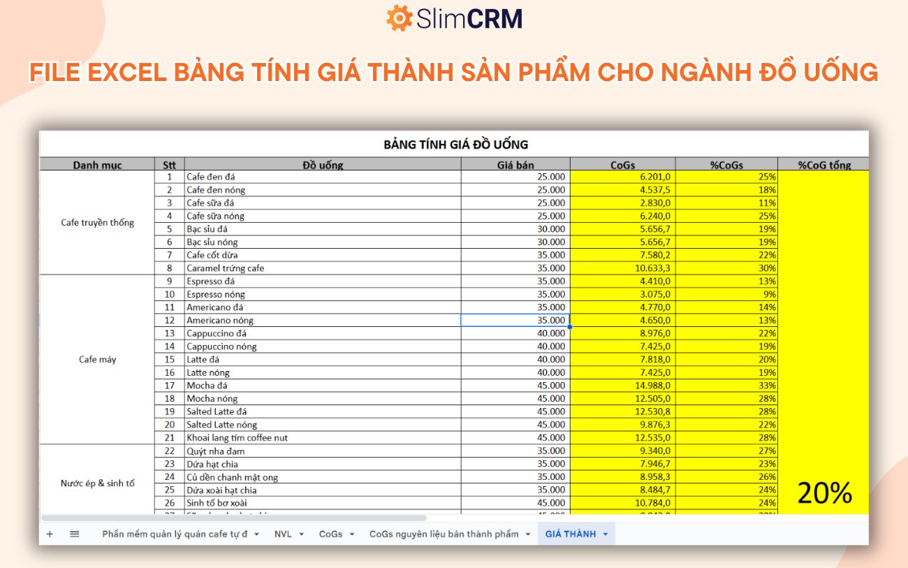 File Excel tính cost đồ uống