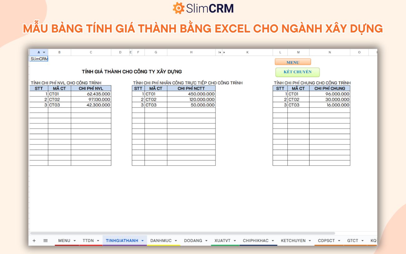 Mẫu bảng tính giá thành bằng excel cho ngành xây dựng