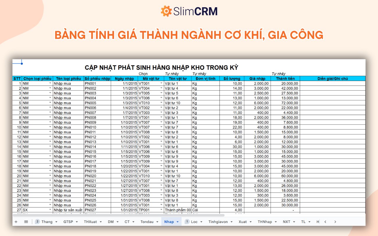 Bảng tính giá thành sản phẩm bằng excel ngành cơ khí