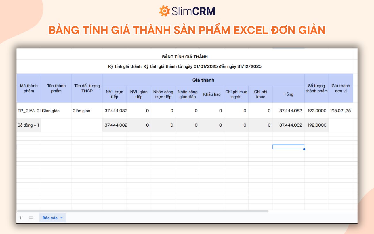 Bảng tính giá thành sản phẩm bằng excel đơn giản
