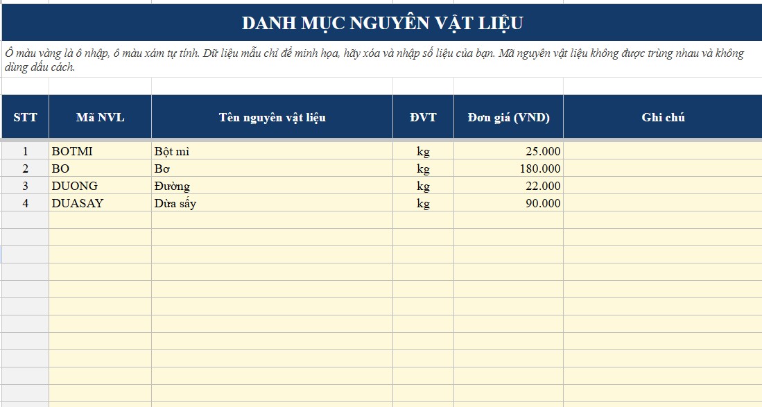 file Excel bảng định mức nguyên vật liệu