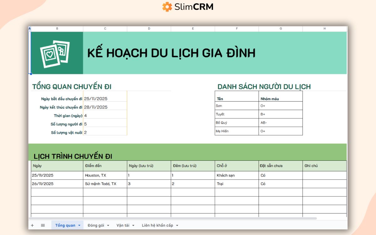 File excel kế hoạch du lịch cho gia đình