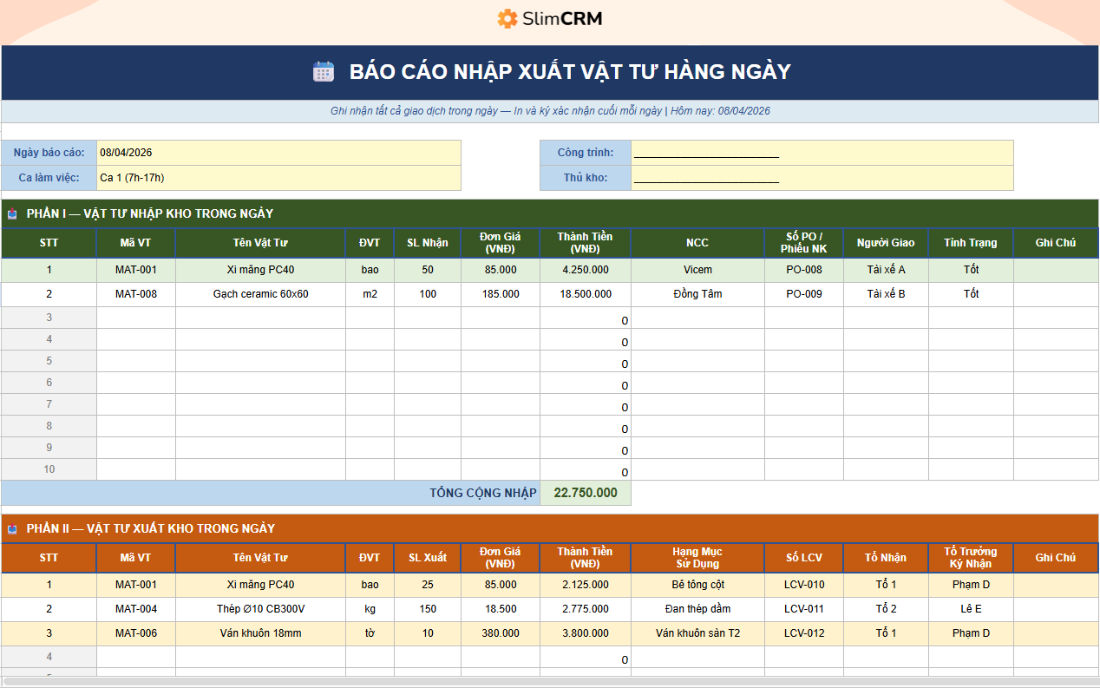 file excel theo dõi vật tư công trình