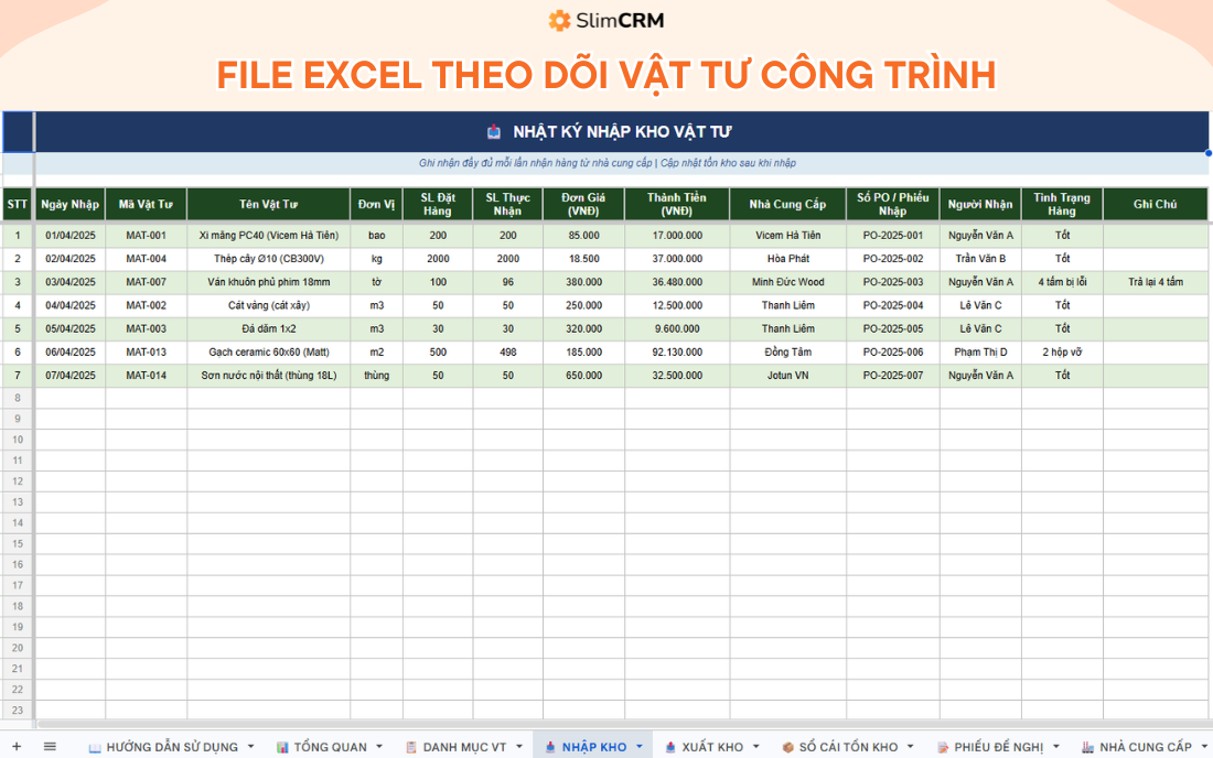 file excel theo dõi vật tư công trình