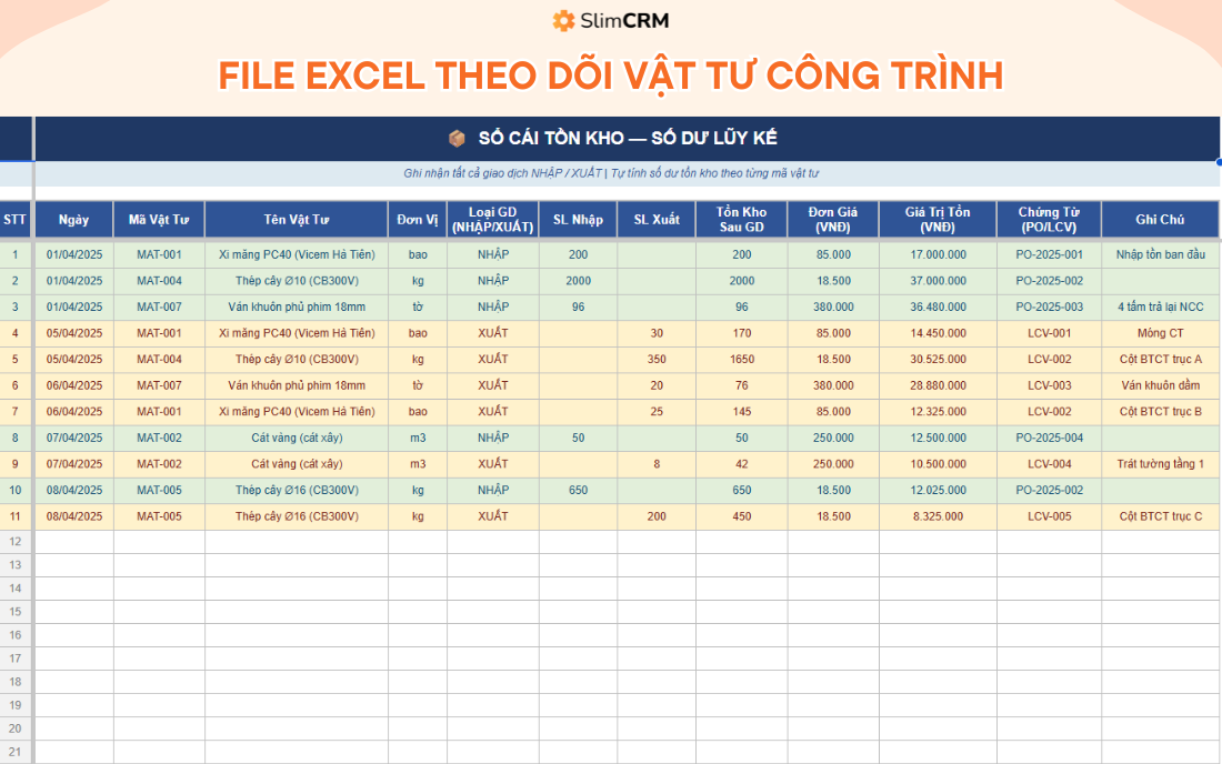 file excel theo dõi vật tư công trình