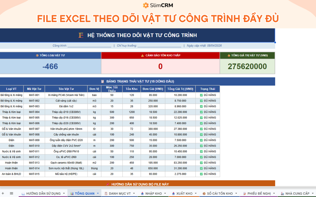 file excel theo dõi vật tư công trình đầy đủ