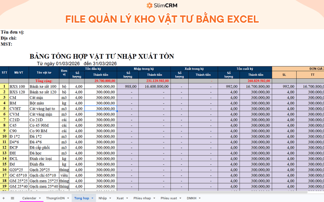 File quản lý kho vật tư bằng excel