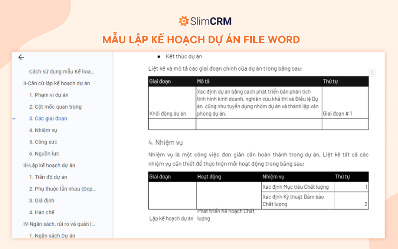 Mẫu lập kế hoạch dự án trên word