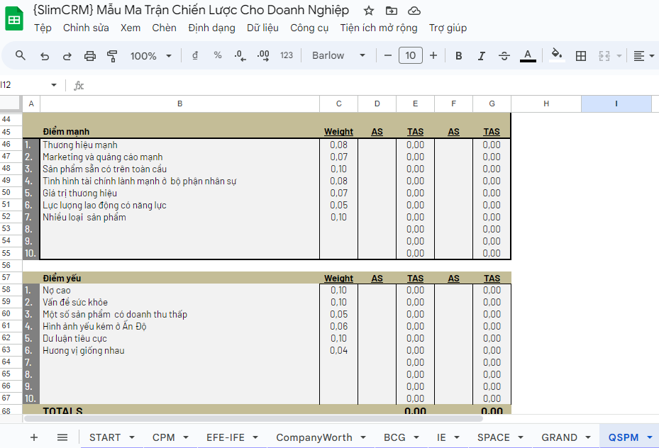 Ma trận QSPM bằng Excel