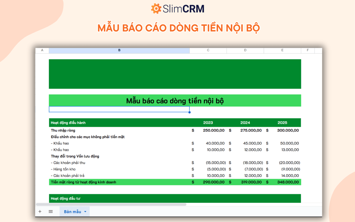 mẫu báo cáo dòng tiền nội bộ file excel