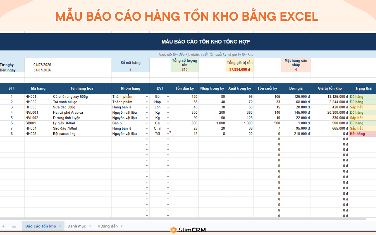 mẫu báo cáo hàng tồn kho bằng excel