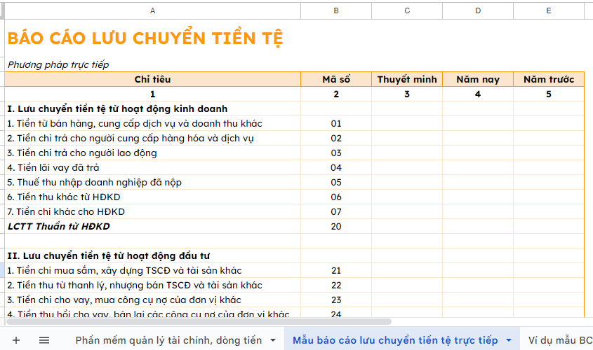 Mẫu báo cáo lưu chuyển tiền tệ