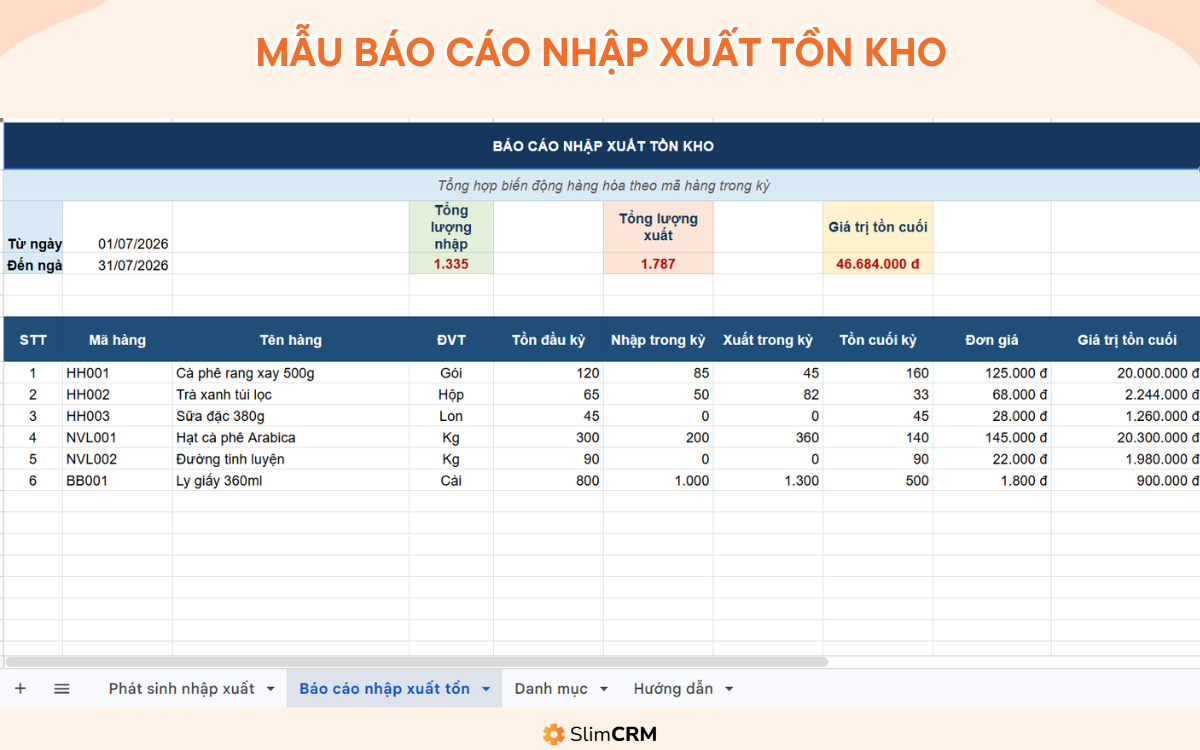 Mẫu báo cáo xuất nhập tồn kho