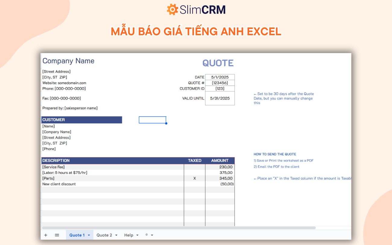 Mẫu báo giá tiếng anh excel