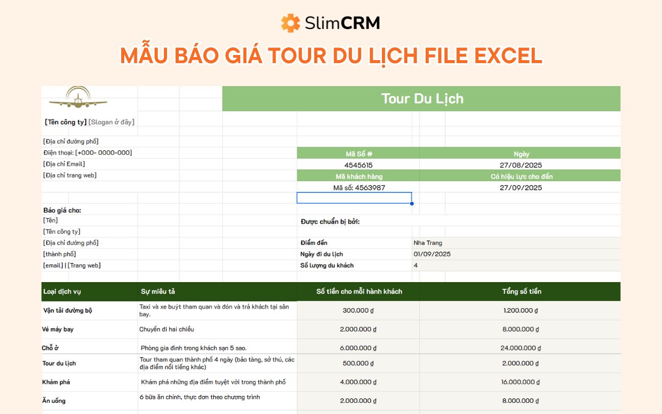 Mẫu báo giá tour du lịch file excel