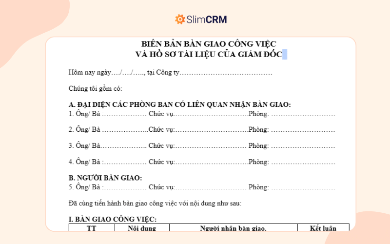 Mẫu biên bản bàn giao công việc giám đốc