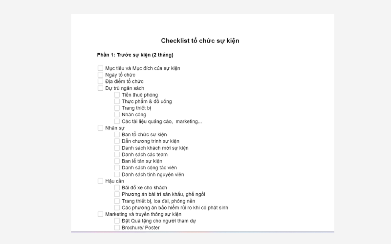 Mẫu checklist sự kiện