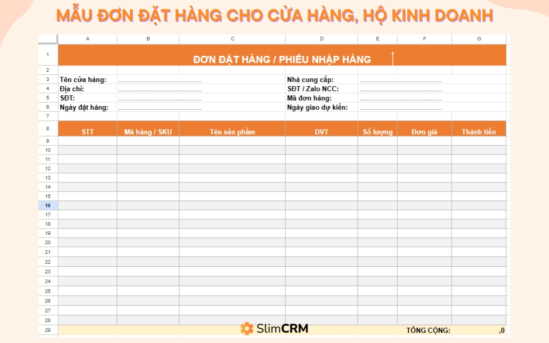 Mẫu đơn đặt hàng cho cửa hàng