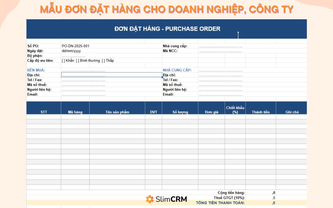 Mẫu đơn đặt hàng excel cho doanh nghiệp