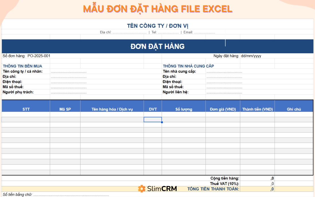 Mẫu đơn đặt hàng file Excel