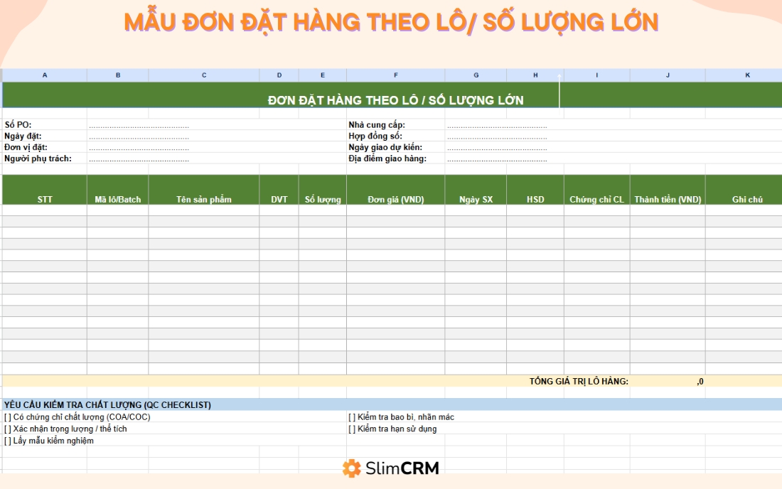 Mẫu đơn đặt hàng số lượng lớn
