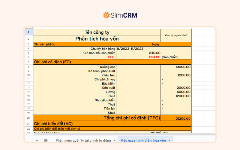 Mẫu Excel tính điểm hòa vốn