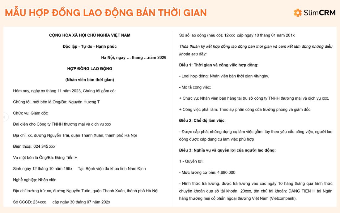 Mẫu hợp đồng lao động bán thời gian