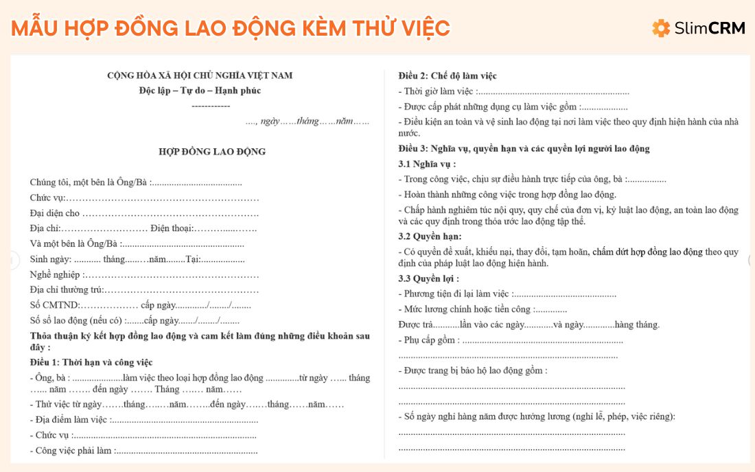 Mẫu hợp đồng lao đồng kèm thử việc