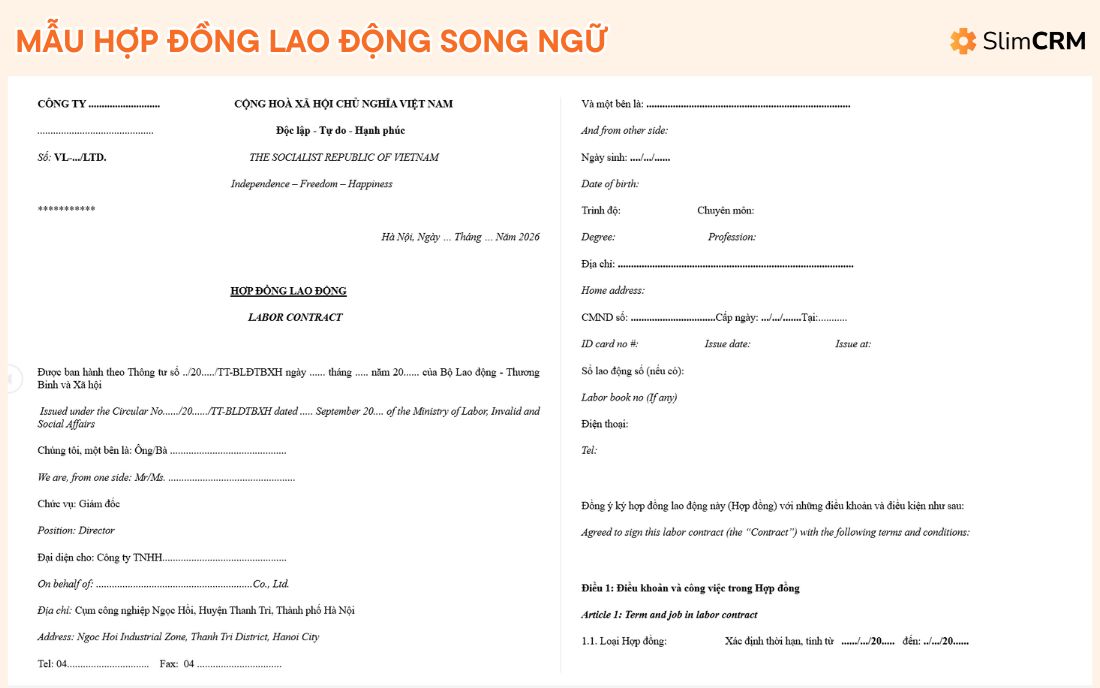 Mẫu hợp đồng lao động song ngữ