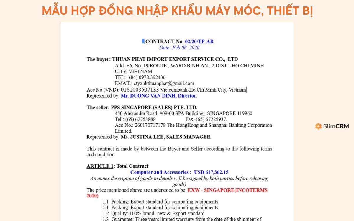 mẫu hợp đồng xuất nhập khẩu máy móc, thiết bị