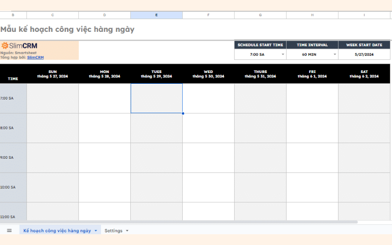Mẫu kế hoạch làm việc hàng ngày bằng excel