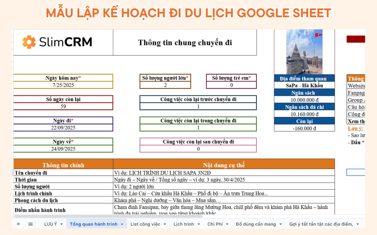 Mẫu lập kế hoạch đi du lịch Google Sheet