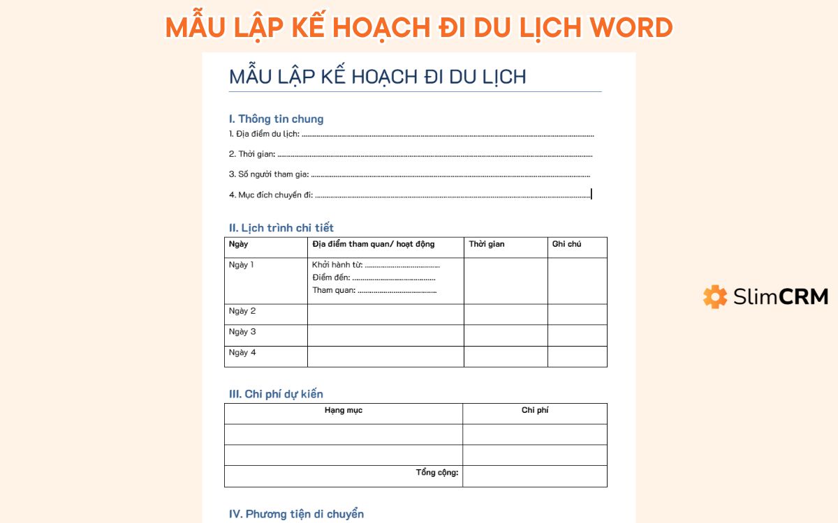 Mẫu lập kế hoạch đi du lịch word