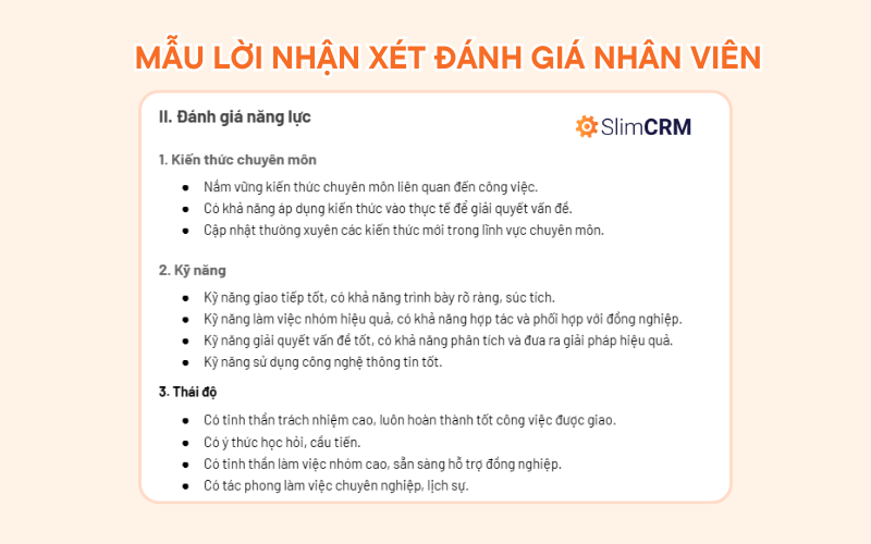 Mẫu lời nhận xét đánh giá nhân viên