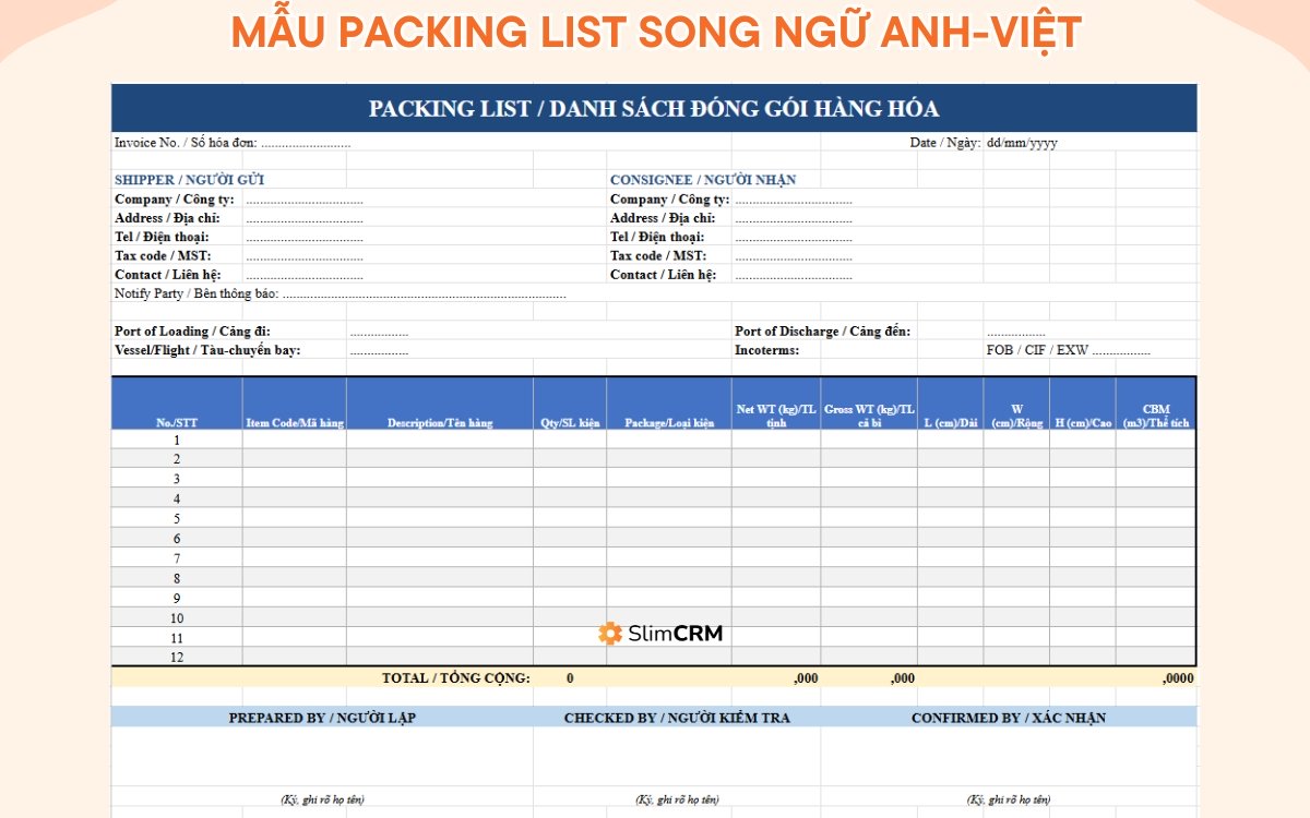 Mẫu packing list Excel