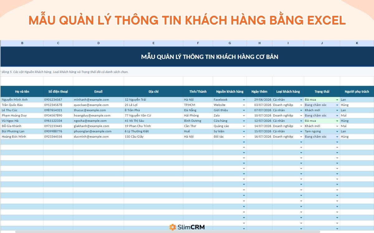 Mẫu quản lý thông tin khách hàng bằng Excel