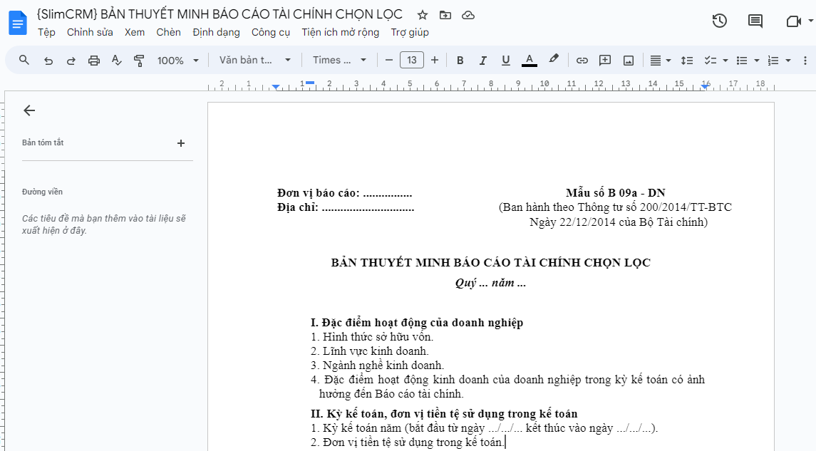 Mẫu thuyết minh báo cáo tài chính