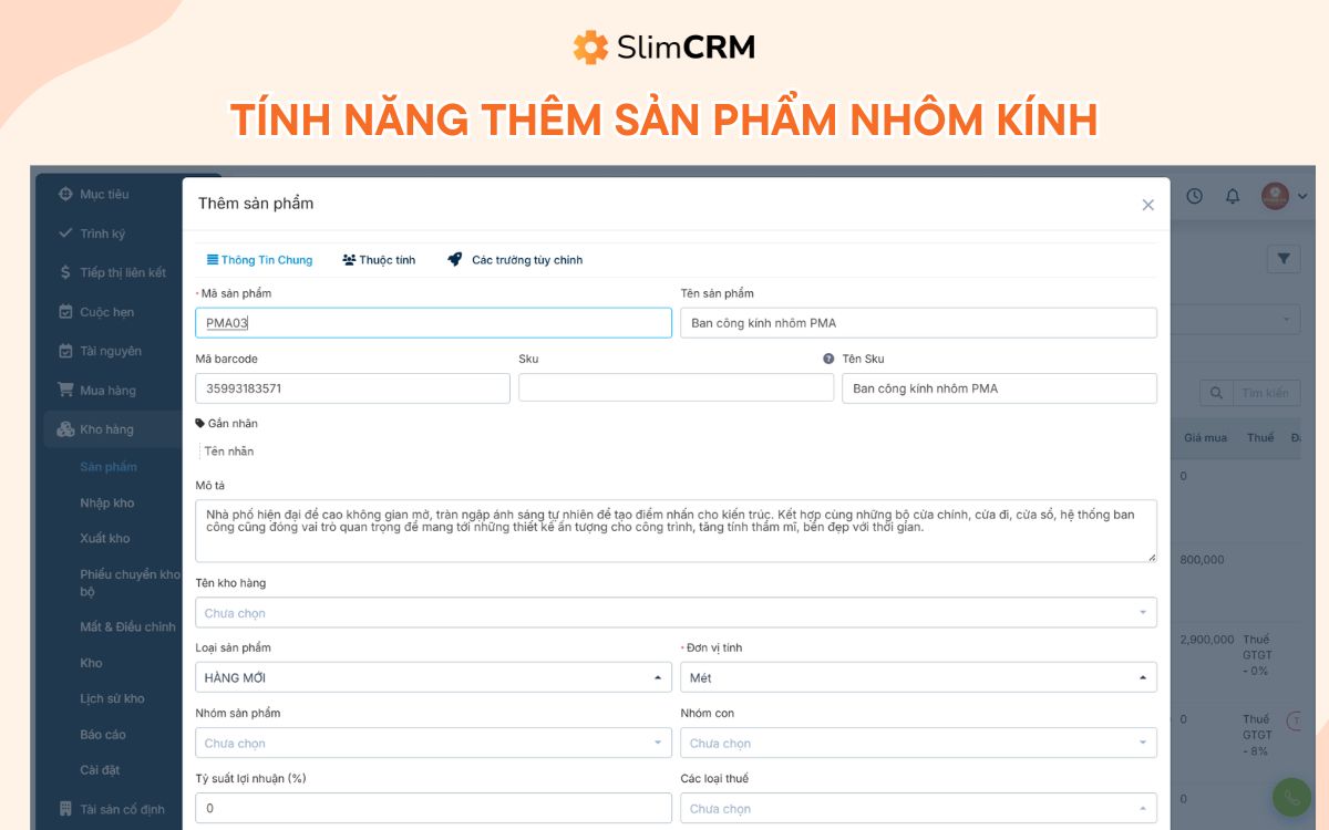 Phần mềm quản lý cửa hàng nhôm kính slimcrm 3