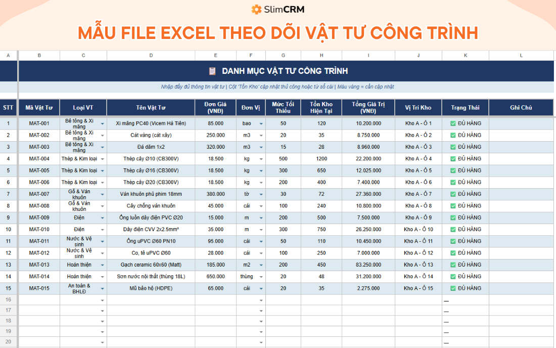 file excel quản lý công trình xây dựng