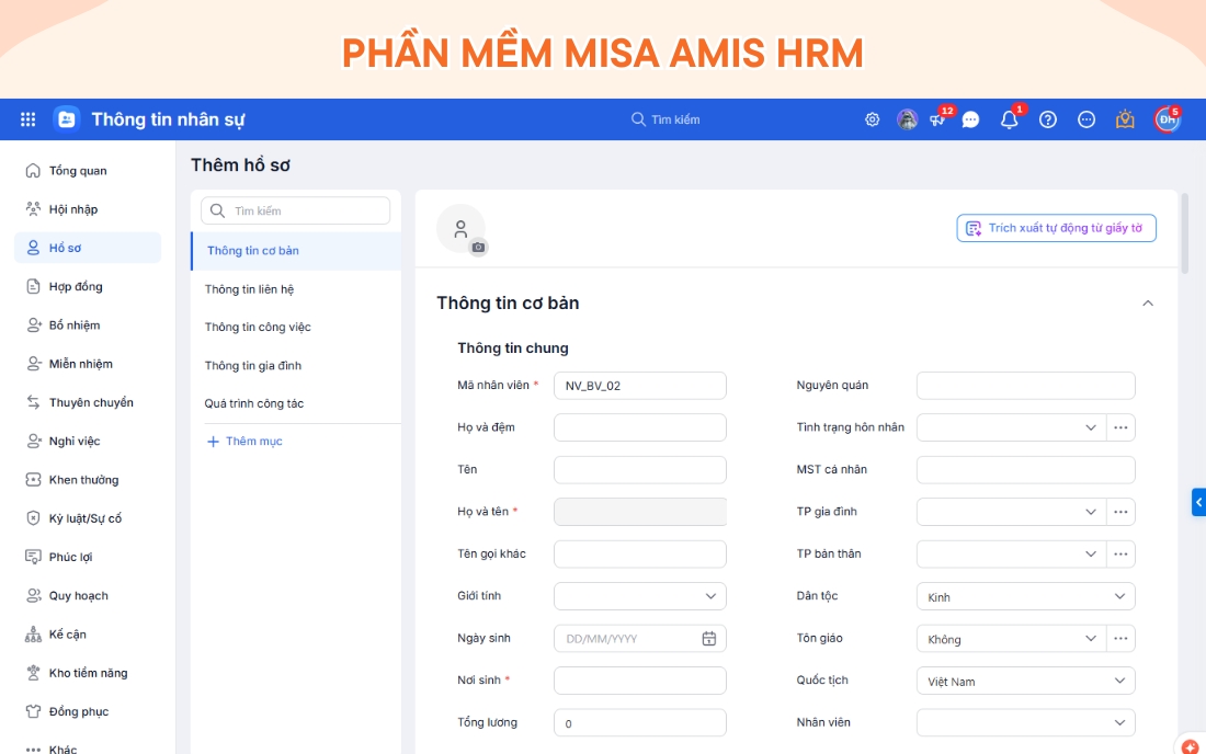 Phần mềm quản lý hồ sơ nhân sự MISA AMIS HRM