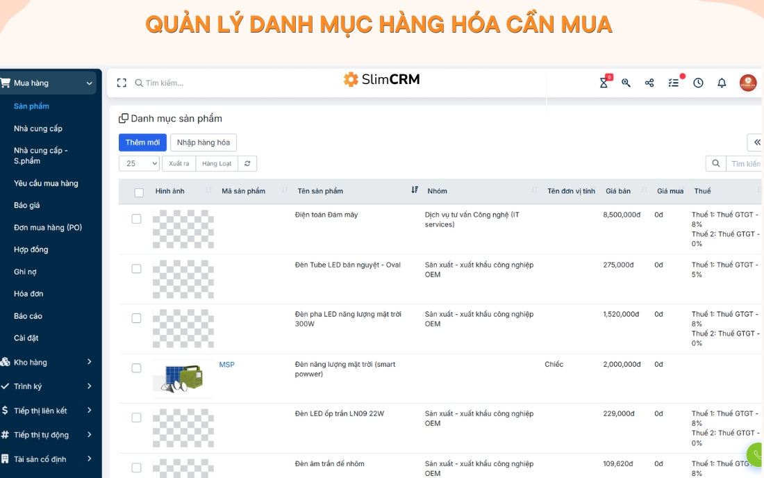 Tính năng quản lý danh mục hàng hóa cần mua