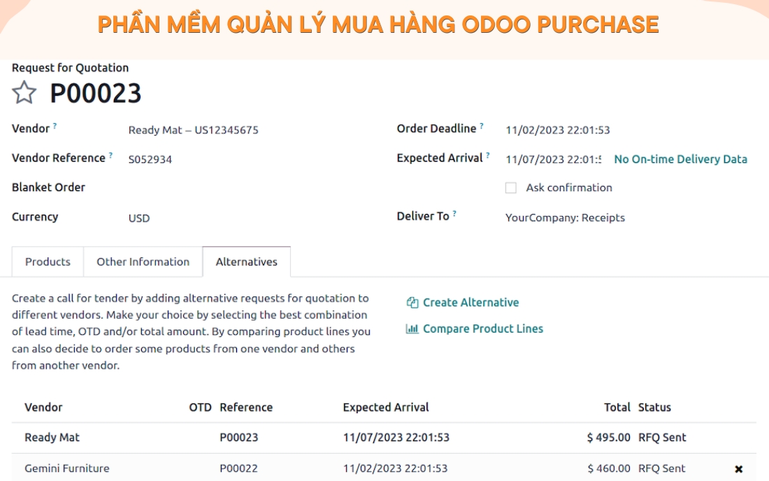 Phần mềm quản lý mua hàng Odoo Purchase 