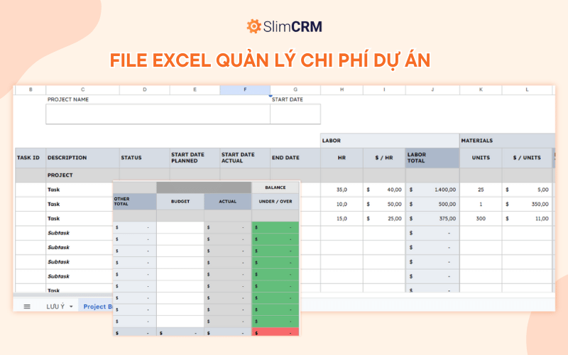 Bảng quản lý chi phí dự án file excel