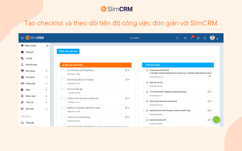Tạo checklist và theo dõi tiến độ công việc đơn giản với SlimCRM