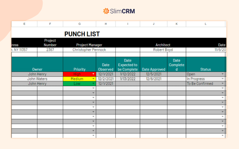 Mẫu Punch List quản lý dự án xây dựng file excel