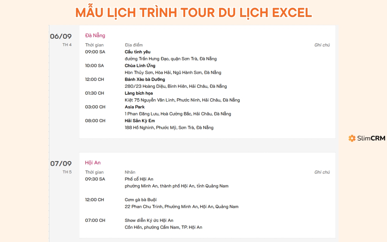 Mẫu lập lịch trình tour