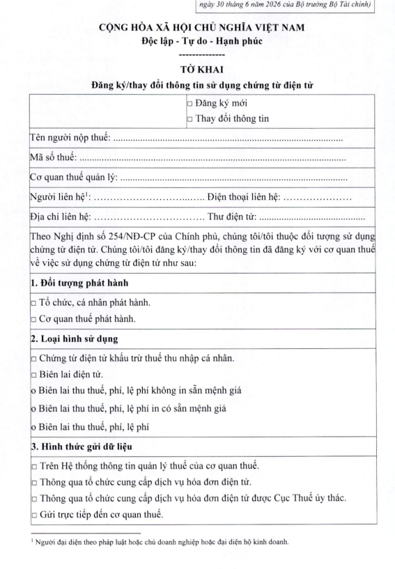 Tờ khai đăng ký/thay đổi thông tin sử dụng chứng từ điện tử.
